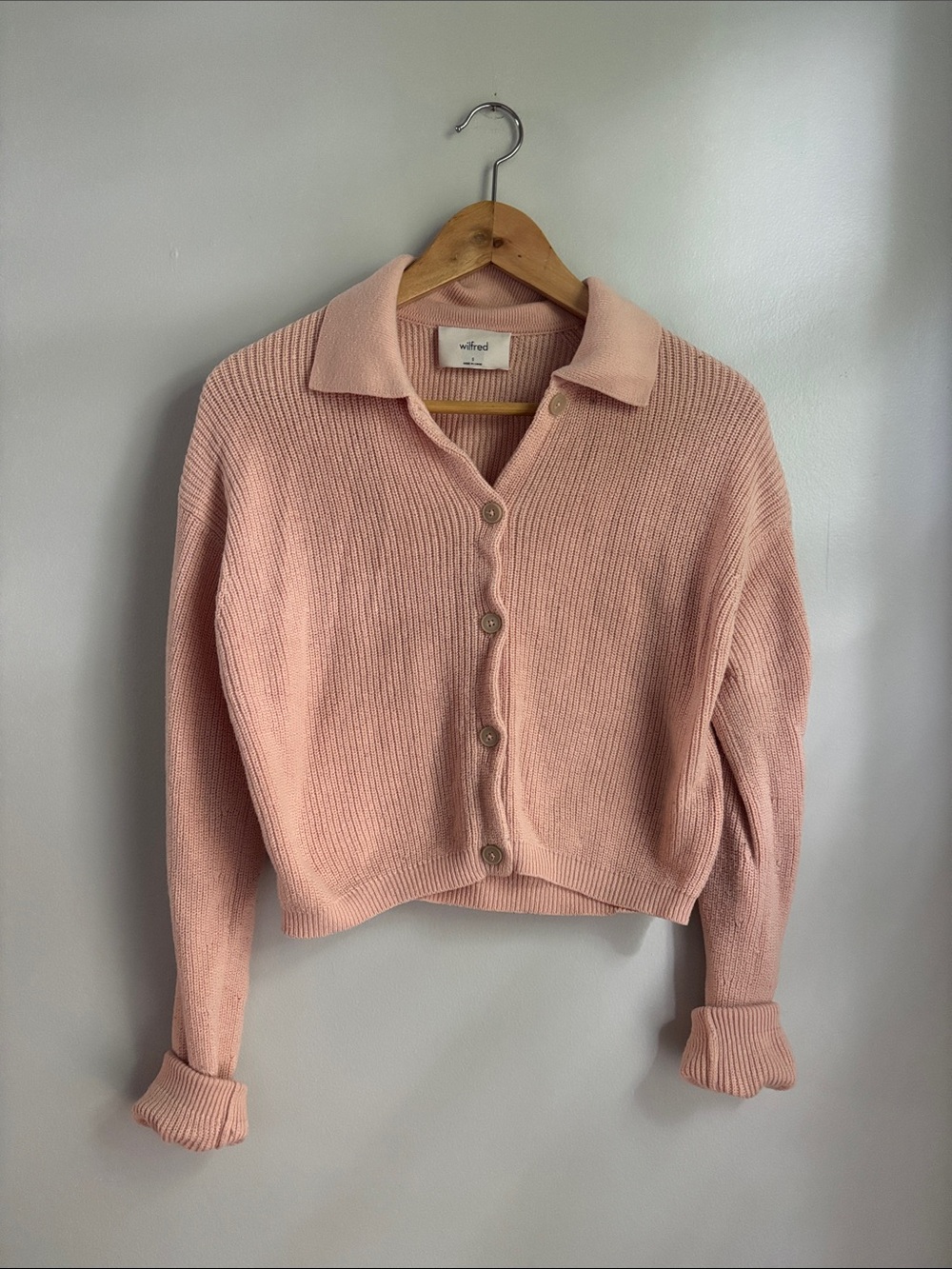 Wilfred Light Pink Ribbed Collared Button Cardigan